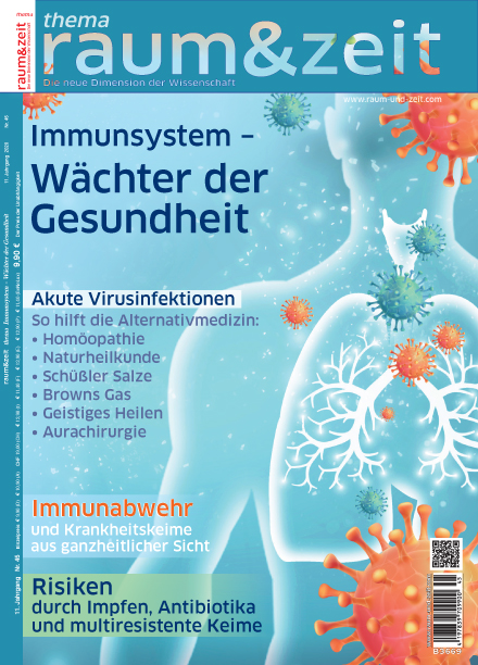 Grafische Darstellung eines menschlichen Körpers mit hervorgehobenen Lungen und umgebenden Virusformen als Symbol für Immunsystem, Immunabwehr und Krankheitserreger.