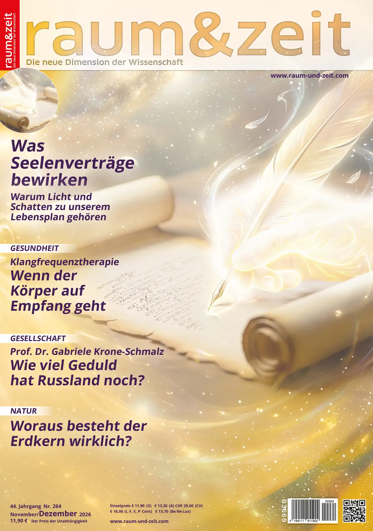 Leuchtende Hand schreibt mit einer weißen Feder auf eine Schriftrolle, umgeben von goldenen Lichtwirbeln – Sinnbild für Seelenverträge und den Lebensplan.