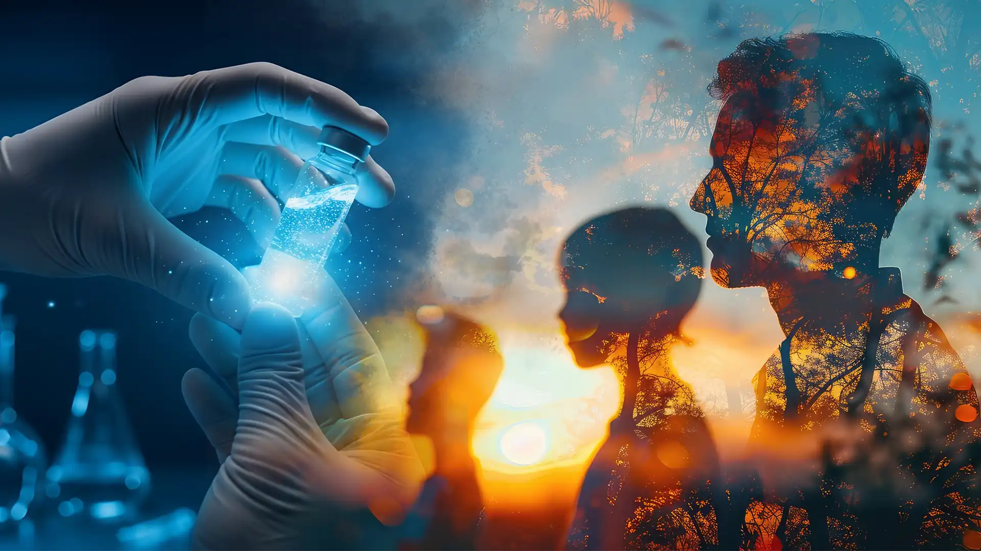 Hand mit Laborprobe vor Silhouetten von Personen, überlagert mit Naturmotiven – Symbol für die Verbindung von Labordiagnostik und systemischer Aufstellungsarbeit