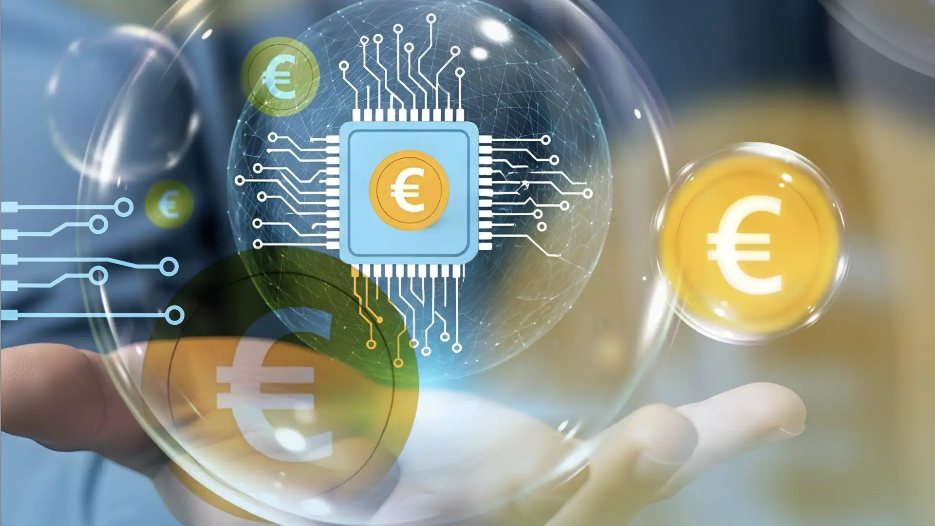 Symbolische Darstellung eines digitalen Euro als Mikrochip in einer transparenten Kugel mit vernetzten Schaltkreisen und Euro-Zeichen