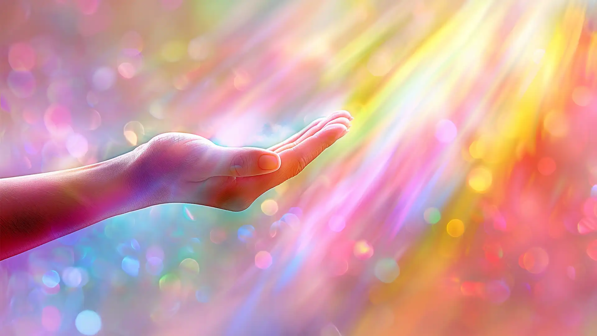 Geöffnete Hand im farbigen Lichtstrahl als Symbol für die transformierende Kraft von Farbfrequenzen