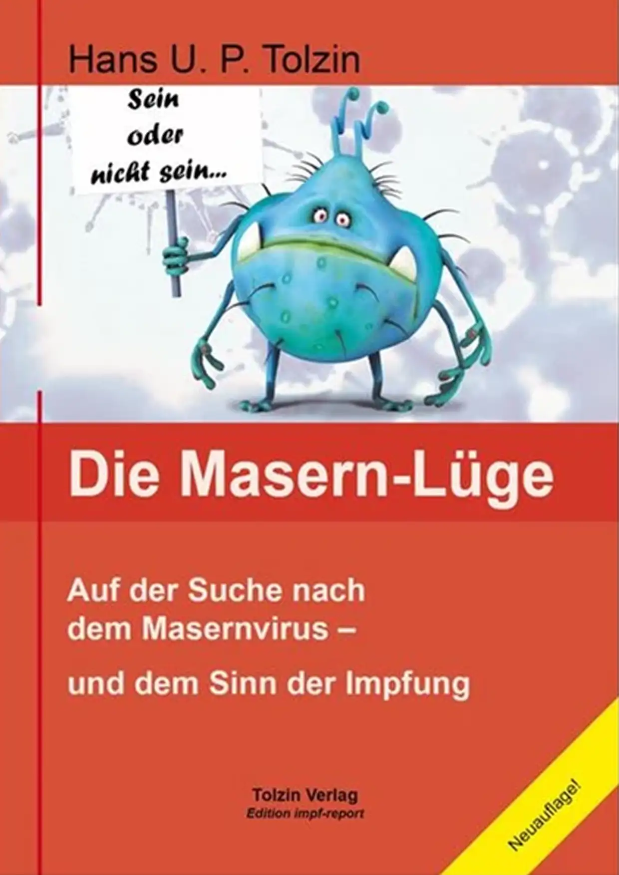 Illustration eines blauen kugelförmigen Virus mit Armen und Beinen vor einer Weltkarte als Symbol für die Auseinandersetzung mit Masern und Impfungen.
