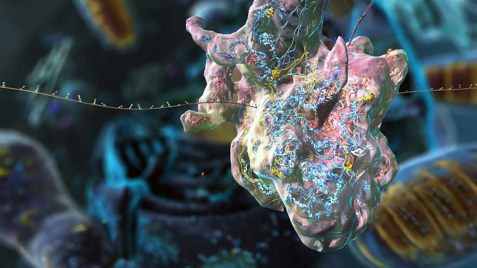 Computergrafik eines komplexen Proteinmoleküls vor zellulärem Hintergrund als Symbolbild für Protein Engineering, Spike-Protein und molekularbiologische Forschung.
