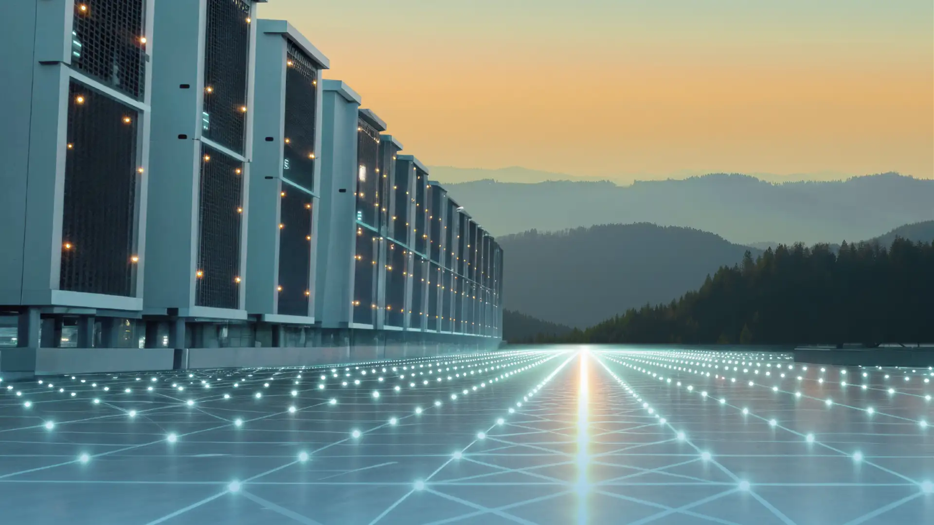 Modulare Energieeinheiten in Reihung mit digital vernetztem Bodenraster – Symbolbild für stromautarke Industrieanlagen