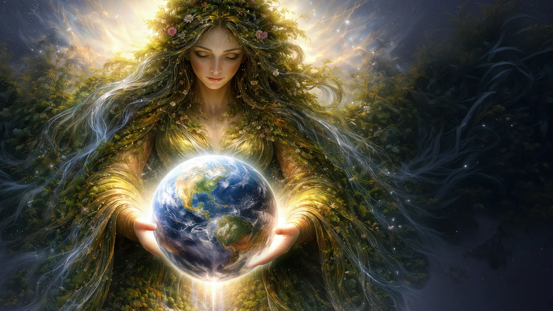 Symbolbild der GAIA-Medizin: Eine mit Pflanzen verbundene Frau hält die Erde in ihren Händen und verkörpert die Einheit von Mensch, Natur und Biosphäre.
