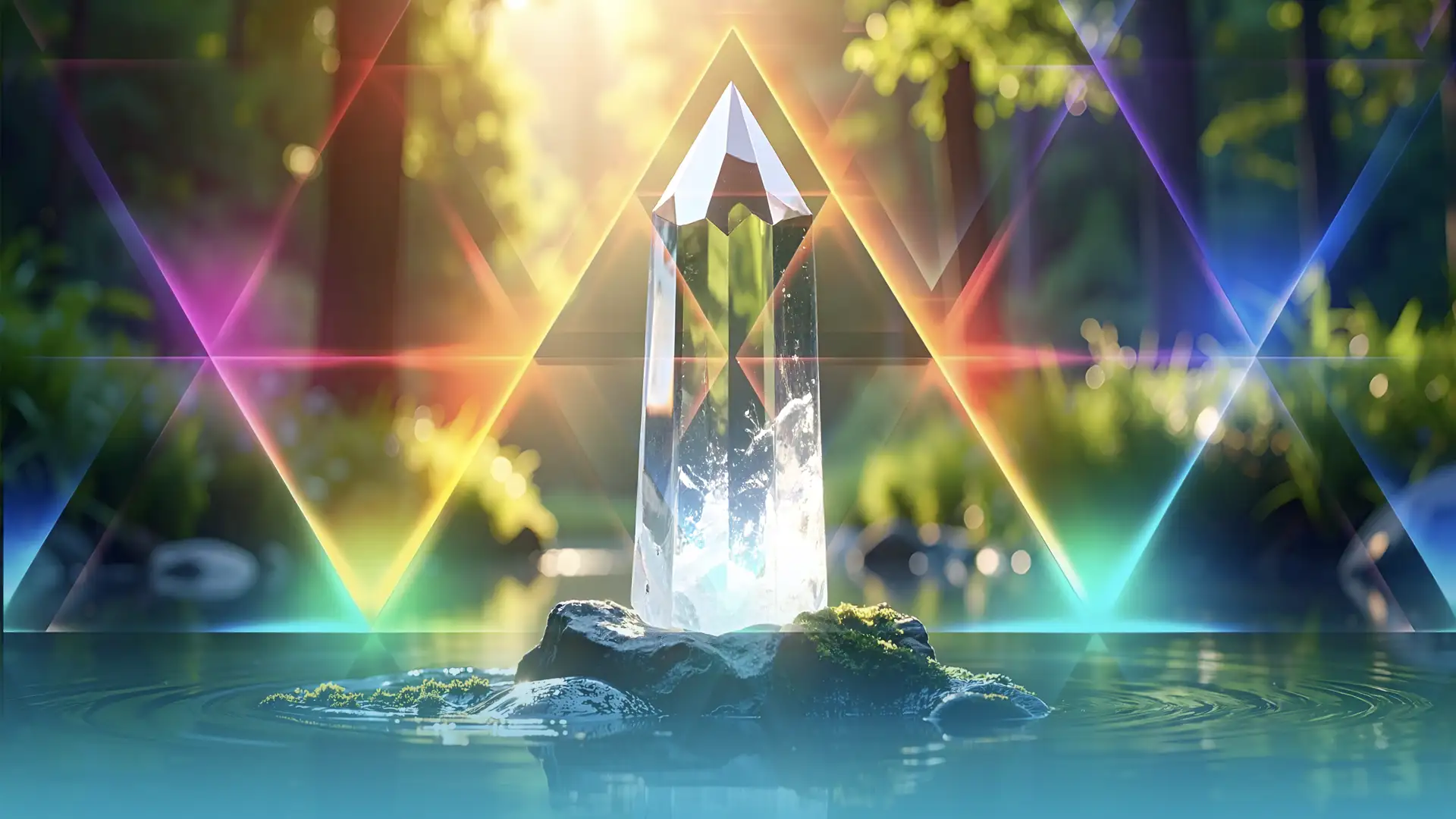 Bergkristall vor leuchtenden geometrischen Formen als Symbol für die heilige Geometrie der Kristalle und die Schöpfungsmatrix des Lebens.