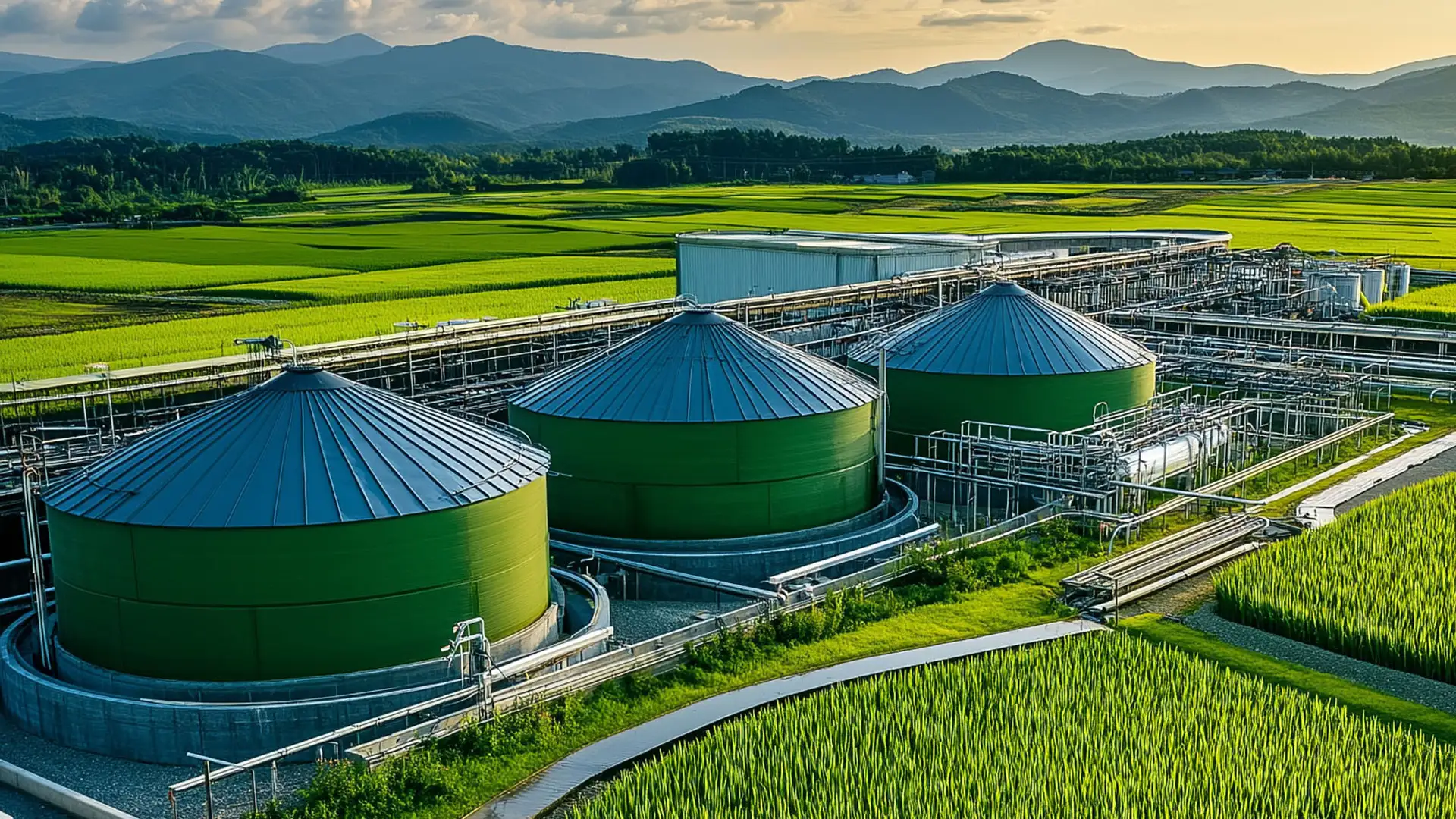 Biogasanlage inmitten landwirtschaftlicher Flächen als Symbol für erneuerbare Energie und regionale Energieversorgung.