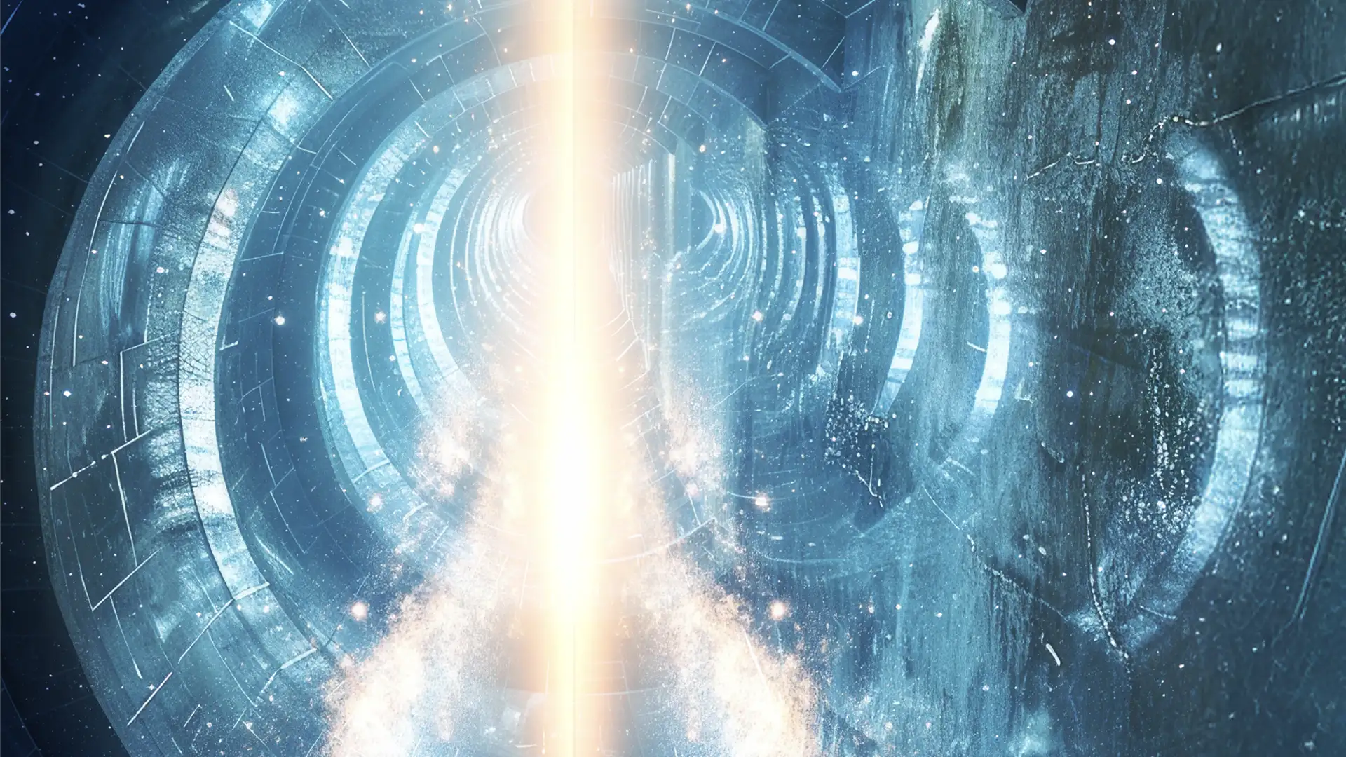 Lichtdurchfluteter, spiralförmiger Tunnel mit zentralem Energiekanal als Symbol für den Kozyrev-Spiegel und die Fokussierung von Zeitenergie