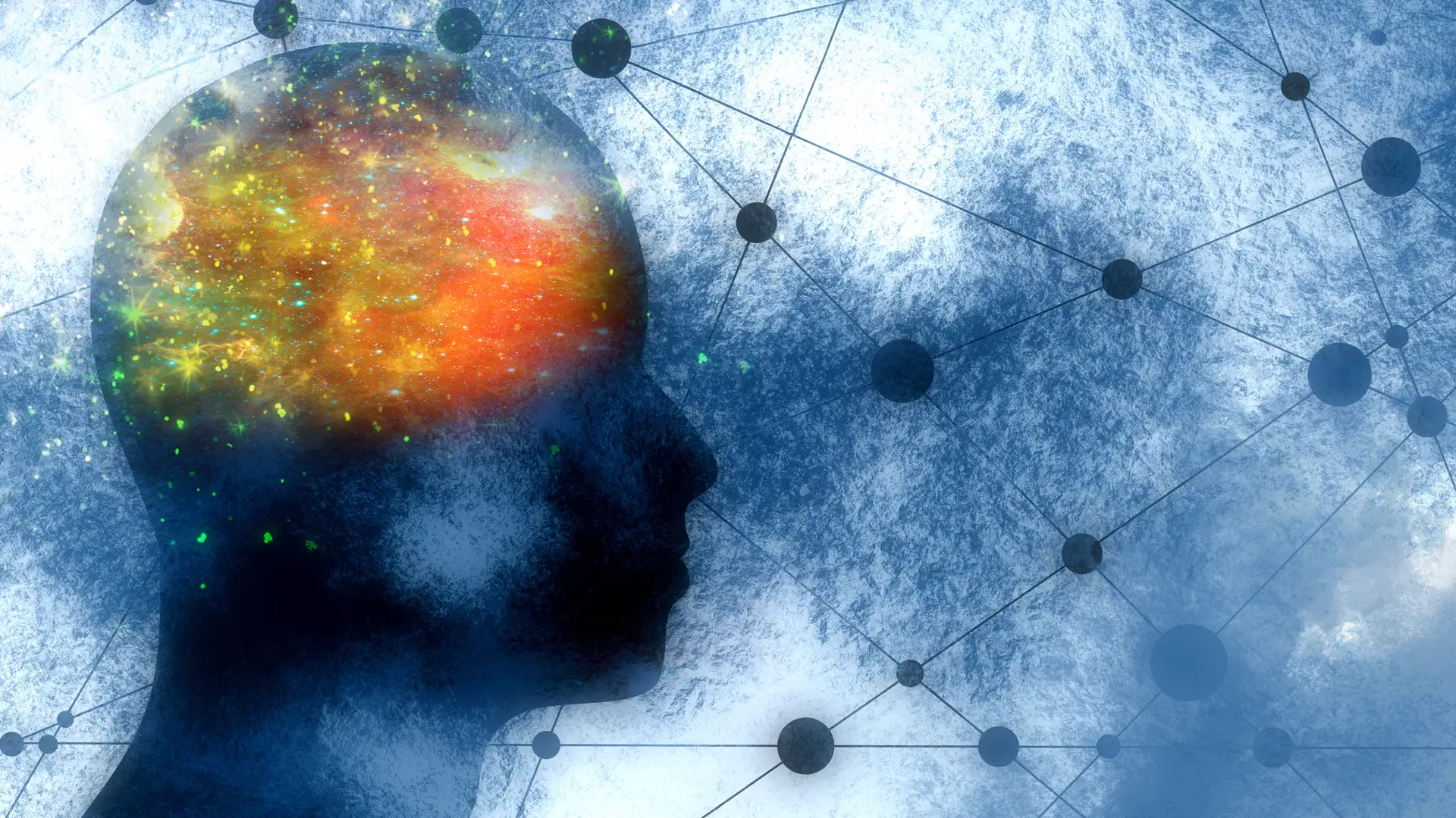 Symbolbild für Neurogenese und mentale Gesundheit: Silhouette eines menschlichen Kopfes mit leuchtenden neuronalen Netzwerken und Gehirnaktivität.
