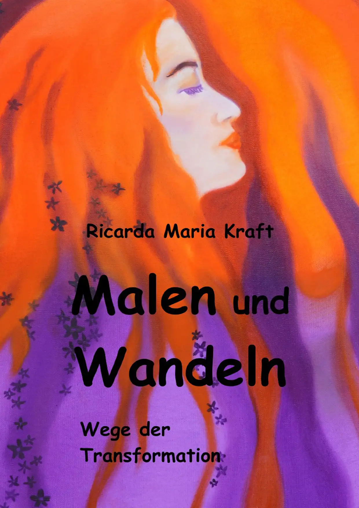 Gemaltes Frauenprofil in leuchtenden Orange-, Rot- und Violetttönen als Symbol für Kreativität, inneren Wandel und persönliche Transformation.