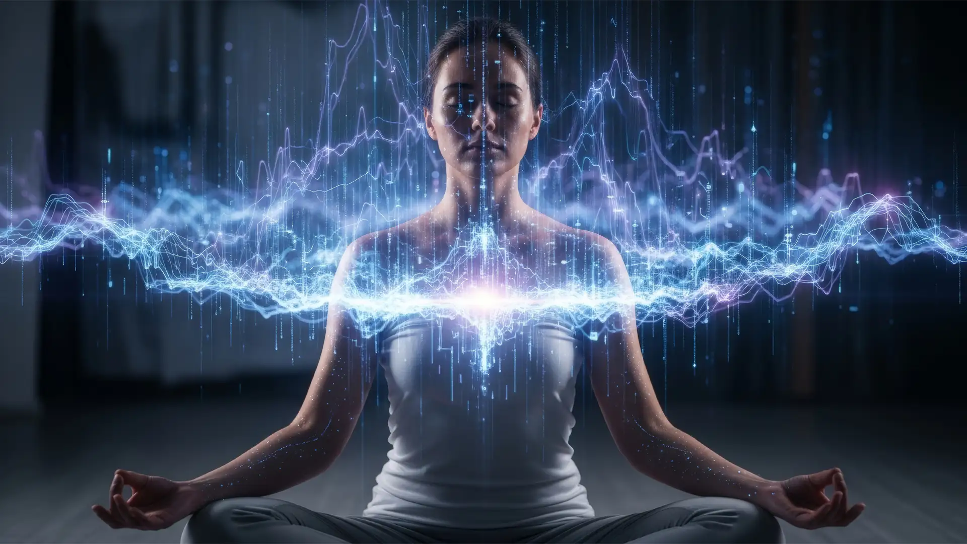 Meditierende Frau, umgeben von visualisierten Gehirnwellen als Symbol für den Theta-Zustand und veränderte Bewusstseinszustände.