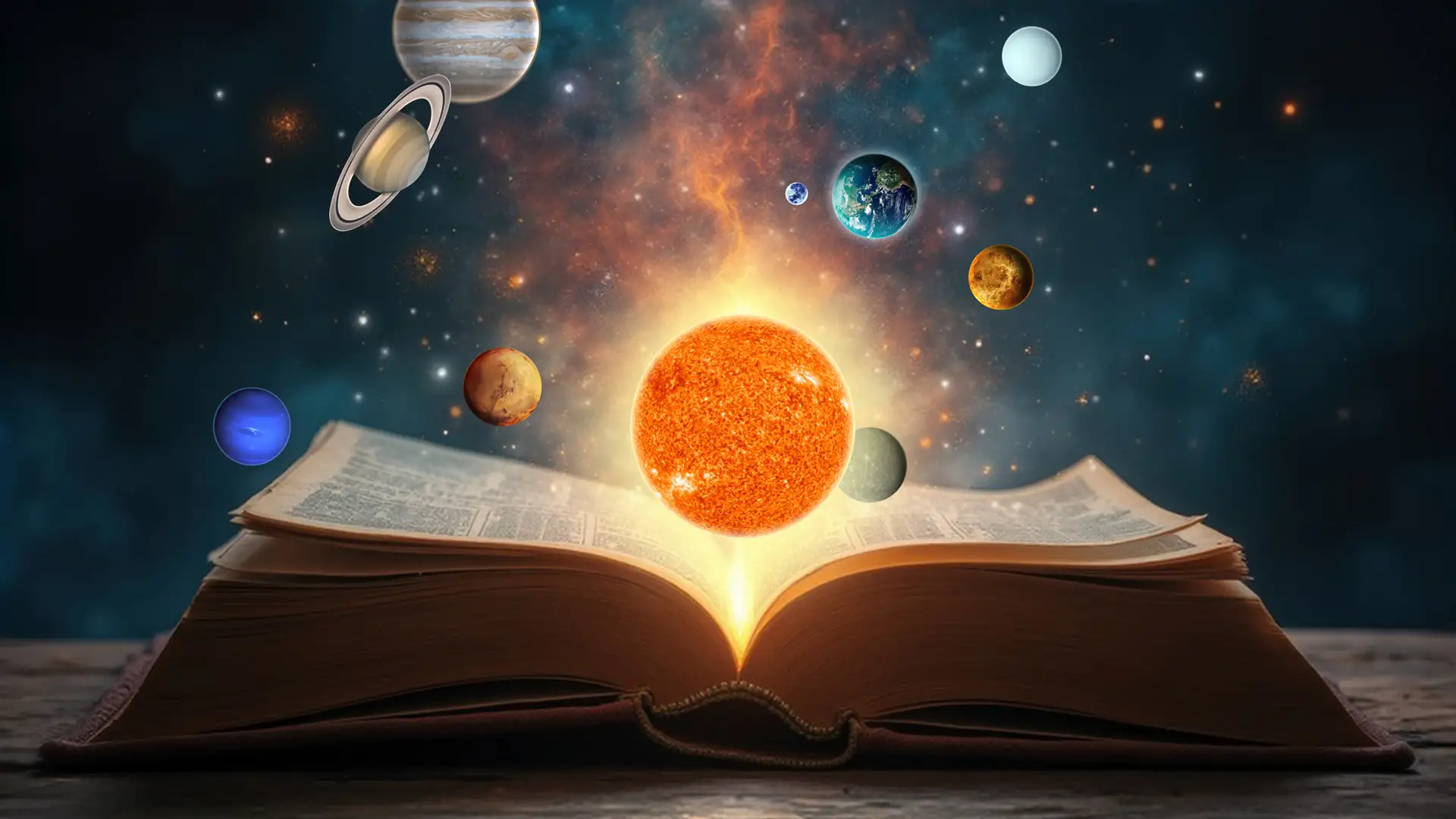 Offenes Buch mit Sonne und Planeten des Sonnensystems als Symbol für den Planetencode, astrologische Zusammenhänge und die Deutung des individuellen Lebenswegs.