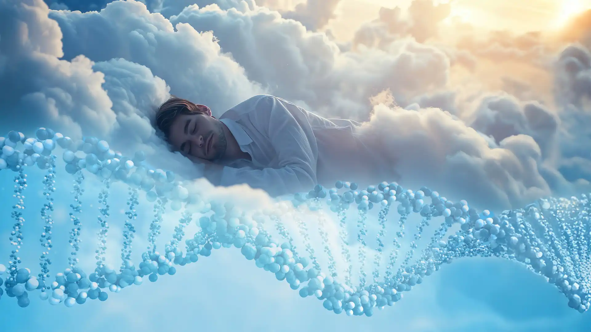 Schlafender Mann in weichen Wolken, darunter eine stilisierte DNA-Doppelhelix als Symbol für die Verbindung von Schlaf, Regeneration und genetischen Prozessen