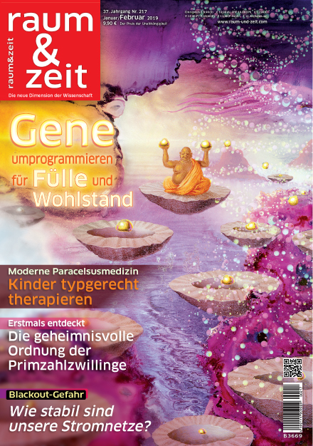 meditierender Buddha zwischen Lotusblüten und Lichtpunkten als Symbol für Gene, Fülle und Wohlstand
