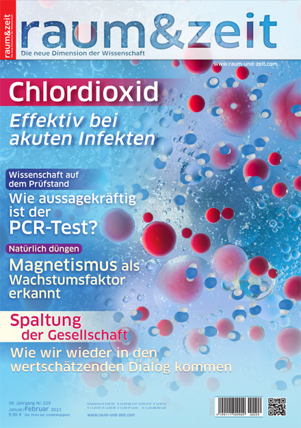 rote und blaue Partikel in bläulicher-wässriger Umgebung als symbolische Darstellung für Chlordioxid gegen Infektionen