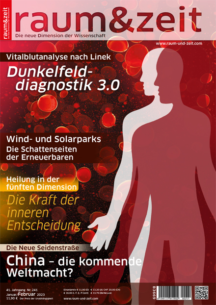 Rote Blutkörperchen im Dunkelfeldmikroskop vor der Silhouette eines menschlichen Körpers als Sinnbild für Vitalblutanalyse und Dunkelfelddiagnostik.