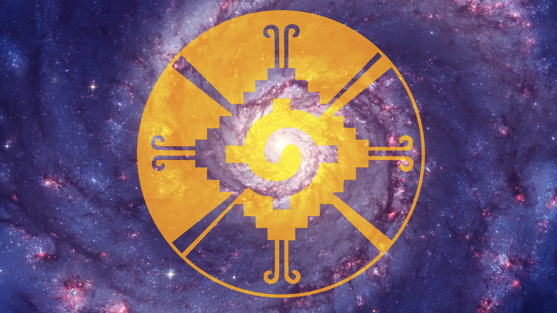 Symbol des Tzolkin vor einer Spiralgalaxie als Darstellung des Maya-Kalenders, kosmischer Zeitzyklen und eines erweiterten Zeitbewusstseins.