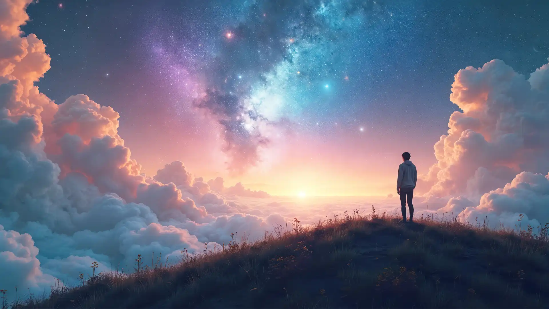 Mensch steht auf einer Anhöhe und blickt in einen offenen Himmel – Symbol für Sinnsuche, innere Reife und den Weg zu authentischer Spiritualität