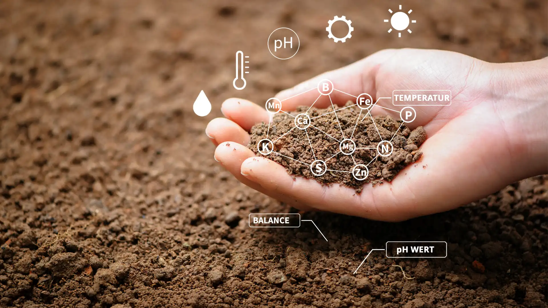 Eine Hand hält Erde mit grafischer Darstellung von Mineralstoffen, Spurenelementen und Bodenparametern wie pH-Wert und Temperatur.