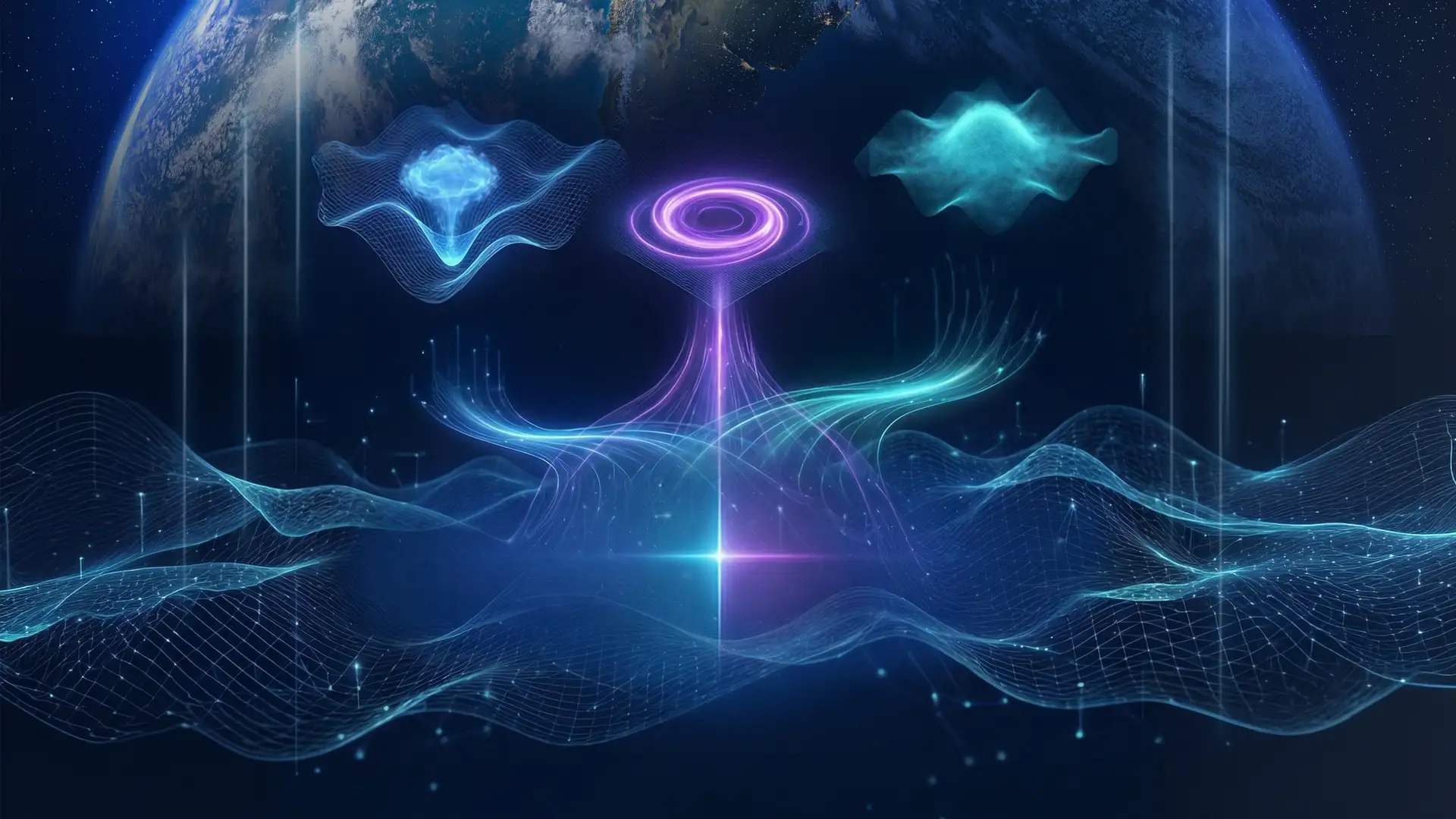 Symbolische Darstellung eines präphysischen Möglichkeitsraums mit schwingenden Energiefeldern, geometrischen Strukturen und der Erde im Hintergrund als Illustration des Quantum Blueprint Formalism.